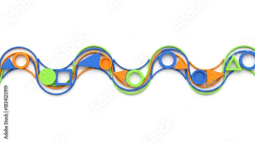 Wavy interconnected vibrant abstract geometric shapes flow across colored lines, illustrating digital data, complex network connections, or playful interactive systems design