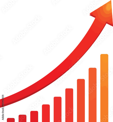 Business growth bar chart illustration with a red financial arrow pointing up on a white background