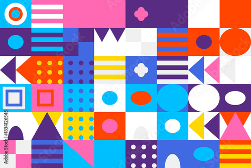 Colorful geometric abstract pattern background with various shapes and vibrant hues, digital art design for modern creativity and visual aesthetics.