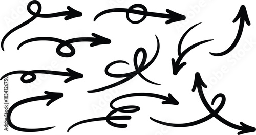 Hand drawn arrow set with swirls and curls in black and white