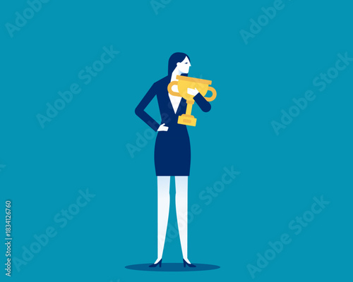 Competition. Success businesswoman holding golden cup