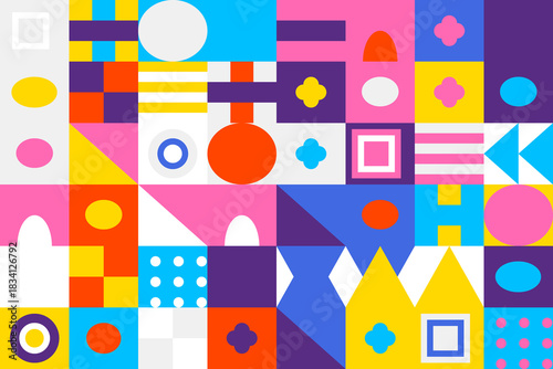 Colorful geometric abstract pattern with mosaic shapes. vibrant modern design background in a grid layout, featuring circles, squares, and triangles.