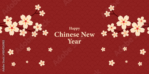 Chinese New Year greeting banner with plum blossom with traditional red oriental background. Vector illustration	