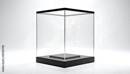 Empty clear box/display case with black frame, centered on white background. Studio lighting enhances clarity