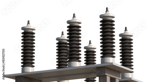 Multiple corrugated electrical insulators, likely high-voltage components, stand vertically on a concrete platform, essential for power distribution and protection. background removed
