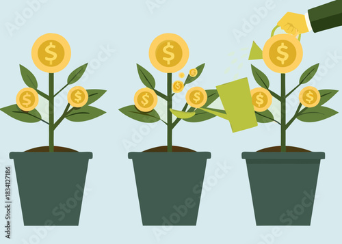 Money grows on trees with coins and a watering can for investment