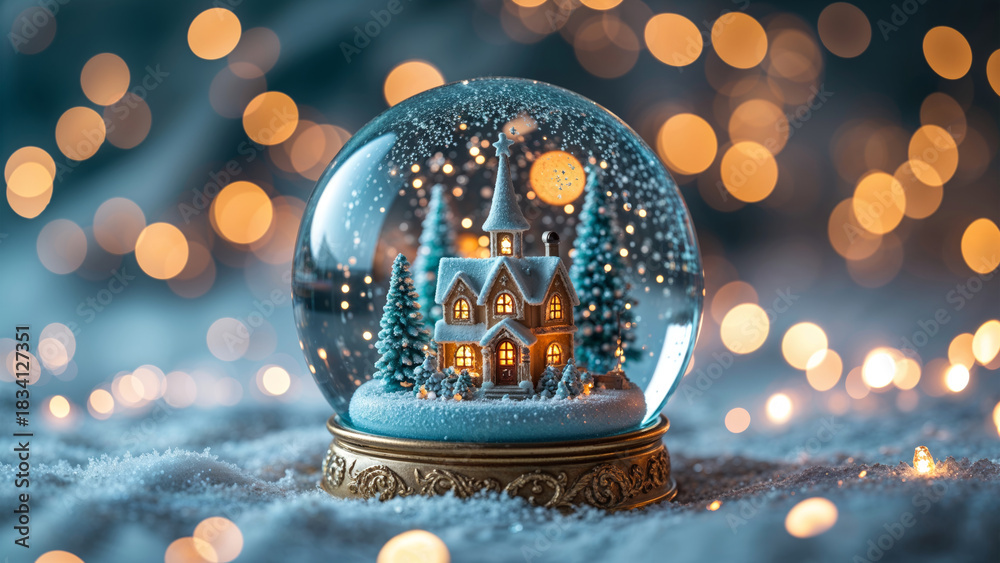 Fototapeta premium Christmas Snow Globe with Winter House, Trees, and Warm Bokeh Lights