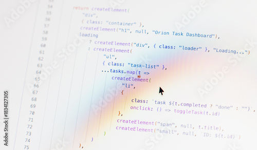 Real-time generated written computer source code in closeup shot on monitor - black letters on white background - concept of digitization, science, research and course of a program script