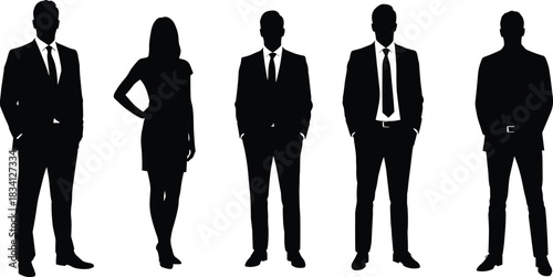 Business team silhouettes, formal attire, suits and dress, professional group, workplace diversity, corporate vector illustration, people design