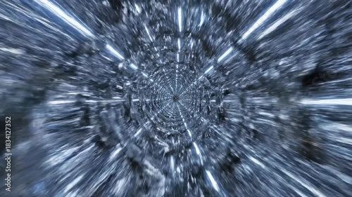 Continuous travel through a polished metallic tunnel structure rotating endlessly around the perspective point creating a smooth mechanical transition smooth mechanical transition, abstract, smooth