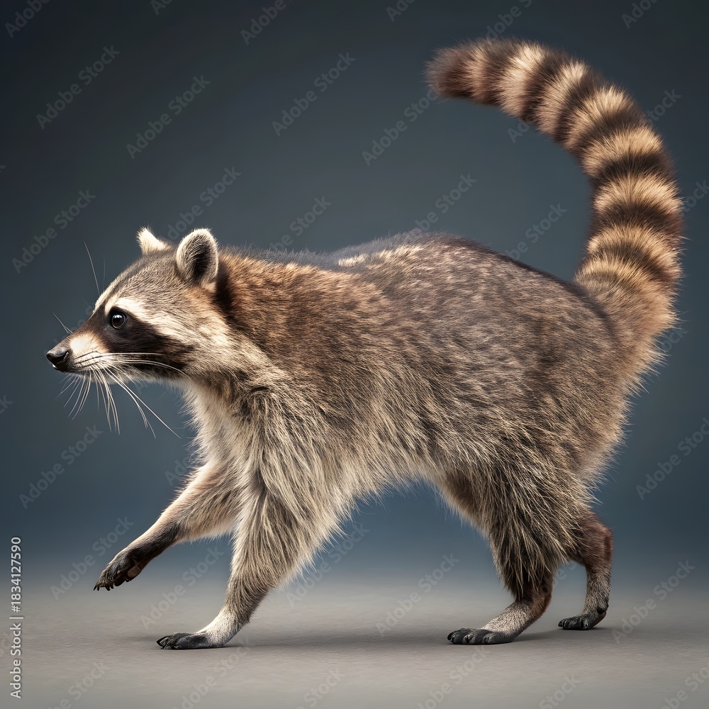 Naklejka premium A detailed studio portrait of a wild raccoon with its bushy, ringed tail held high against a dark background