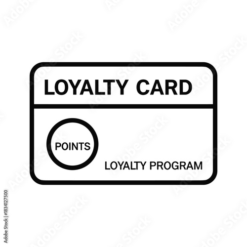 Black and white line art icon of a loyalty card featuring "LOYALTY CARD" text, "POINTS" in a circle, and "LOYALTY PROGRAM" for customer rewards and benefits.