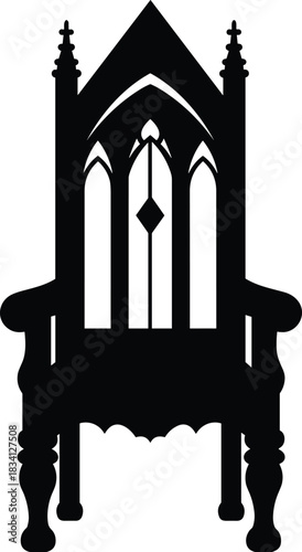 Gothic chair silhouette, black vector furniture, cathedral window backrest, ornate carving, fantasy throne, medieval design, antique style