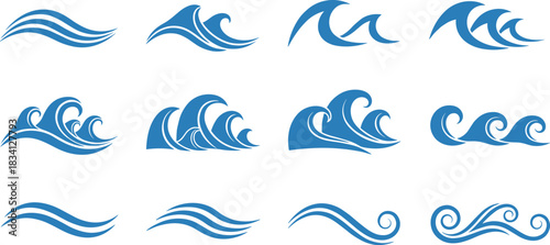 Wave icons in stylized forms, ocean motion, water curves, surfing theme, fluid design, blue vector illustration, sea artwork