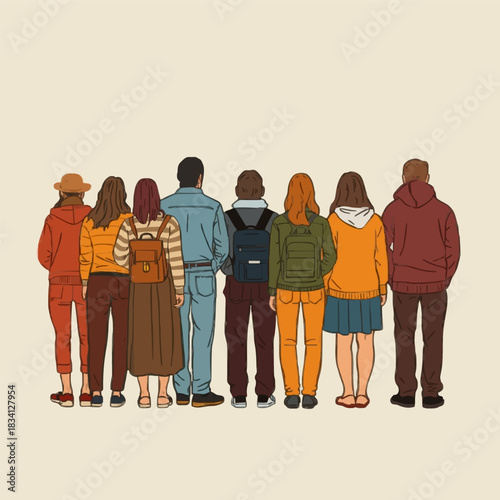 A diverse group of individuals stands united, viewed from behind, embodying community, collective purpose, and shared journey into the future