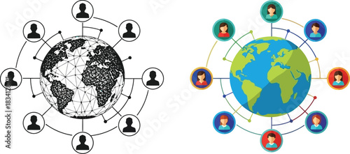 Global network connecting people around the world in black and white and color