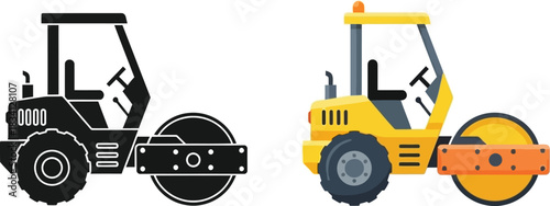 Road roller construction vehicle in color and silhouette illustration