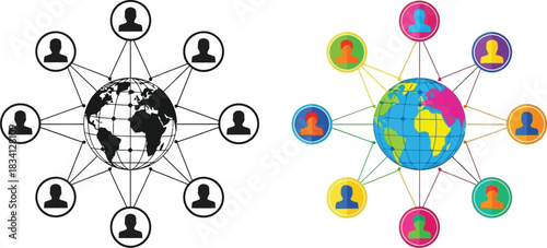 Global network of people connecting the world in black and white and color