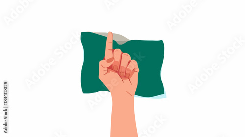 Hand gesture with finger pointing upward: A hand gracefully points upwards against the backdrop of a vibrant green flag, conveying a message of direction, emphasis, or instruction.