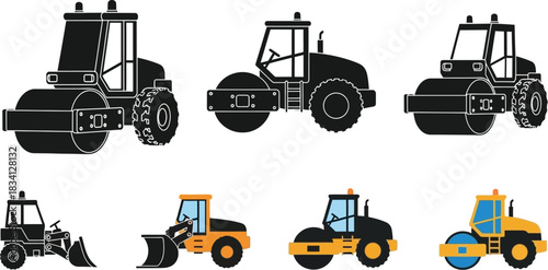 Road roller and bulldozer vector set in black and white and color