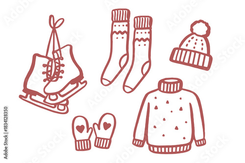 Winter clothes and skates hand drawn doodle vector illustration