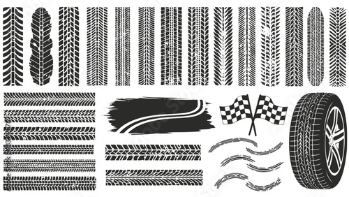 Tire tracks after skidding, launch, drift, powerslide in motorsport, rally, off-road, motocross. Wheel texture with splash effect. Vector, transparent background SVG version.