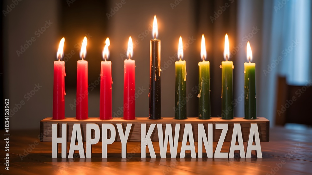 Fototapeta premium Kwanzaa kinara with lit candles and happy kwanzaa sign