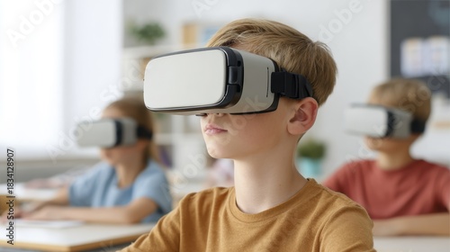 Young students engaging in virtual reality classroom experience for interactive learning