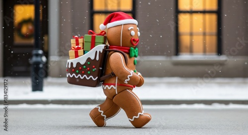 Cheerful Gingerbread Figure in a Santa Hat with a Gift-Loaded Backpack Strolling Through a Wintery Town Street Covered in Snow