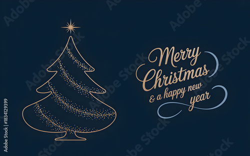Elegant line art christmas tree with merry christmas and happy new year text