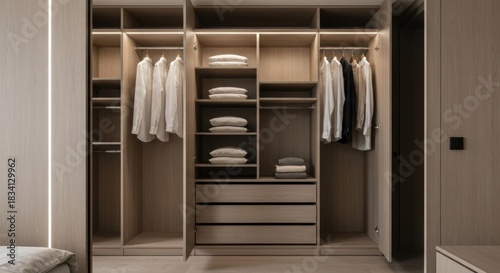 Light-toned wood wardrobe with open compartments. Clothes, linens, and drawers are visible inside