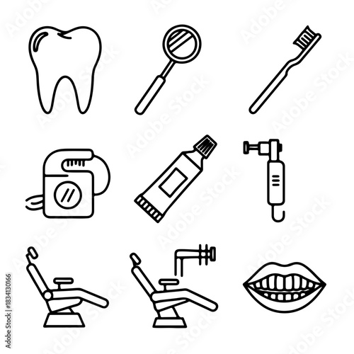 Vector set of illustrations representing dental equipment and anatomical elements in a line art style
