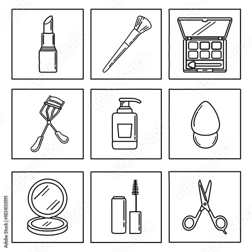 Vector set of illustrations showing various beauty and makeup items arranged in a square grid pattern