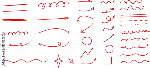 Hand drawn doodle brush lines vector image pack. Line Pencil crayon arrows, cross sign, text quote frames, stars, check, mark icons set emphasis elements infographic. Hand drawn scribble decoration.