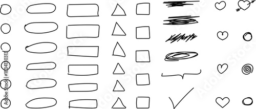 Hand drawn doodle brush lines vector image pack. Line Pencil crayon arrows, cross sign, text quote frames, stars, check, mark icons set emphasis elements infographic. Hand drawn scribble decoration.