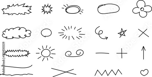 Hand drawn doodle brush lines vector image pack. Line Pencil crayon arrows, cross sign, text quote frames, stars, check, mark icons set emphasis elements infographic. Hand drawn scribble decoration.