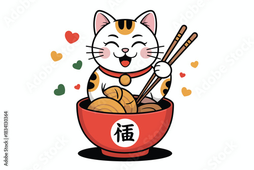 Joyful lucky cat enjoying a delicious meal with chopsticks, symbolizing good fortune and prosperity.