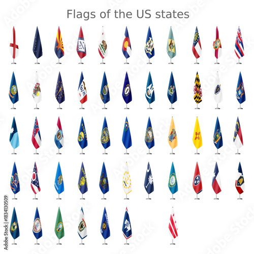 Set of flags of all US states on a flagpole for official meetings vector