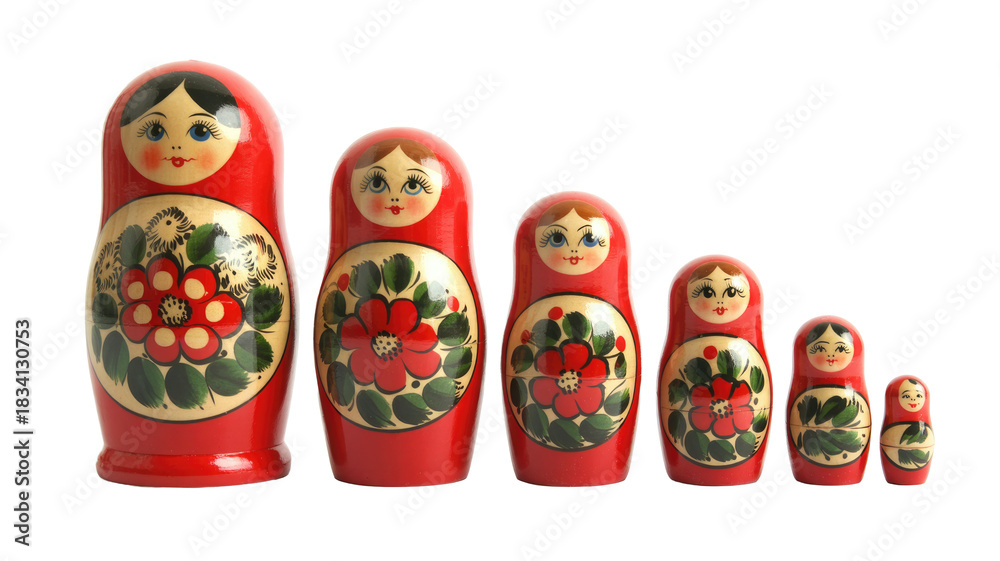 Fototapeta premium A traditional set of six red Russian matryoshka nesting dolls, hand-painted with charming faces and vibrant floral patterns, arranged by size. background removed
