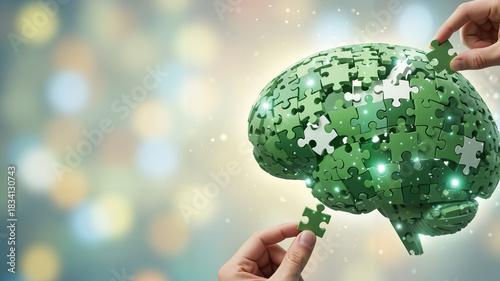 Hands assembling green brain puzzle pieces against a colorful background for Mental Health Awareness Month, with copy space