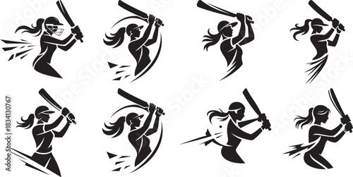 Female cricket batter vector silhouette collection, stylish sports emblem , continuous line drawing, logo style.