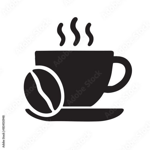 Hot coffee cup with coffee bean steam and saucer icon for cafe and breakfast shop