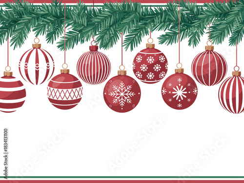 Festive red and white ornaments hang from a green pine branch, celebrating the holiday season.