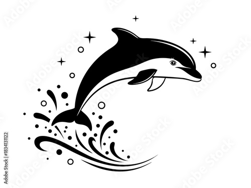 Monochrome graphic of a majestic dolphin leaping from dynamic sparkling water splashes with abstract starry elements, embodying aquatic grace and freedom