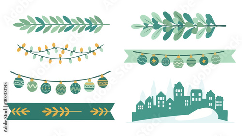 Set of flat vector Christmas holiday decoration elements and borders.