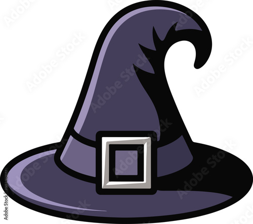Dark purple witch hat vector illustration featuring a silver buckle, perfect for Halloween and magical themes.