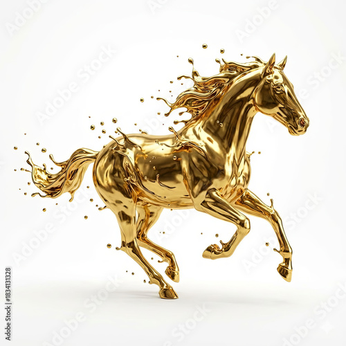 Golden Horse in Motion: A majestic horse, sculpted from pure gold, bursts with dynamic energy, captured mid-gallop, as droplets of liquid gold emanate around it. 
