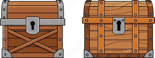 Wooden treasure chest vector illustration set featuring locked pirate storage boxes with metal details isolated