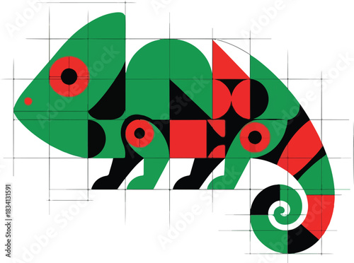 Stylized chameleon illustration composed of geometric shapes in green red and black on a grid