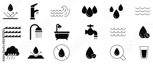 Water solid black icon set. Drinking water icon set. Water drops, faucet, rain drops, save, glass, puddle, cycle, washing, shower, wave, and others icons. Vector illustration.